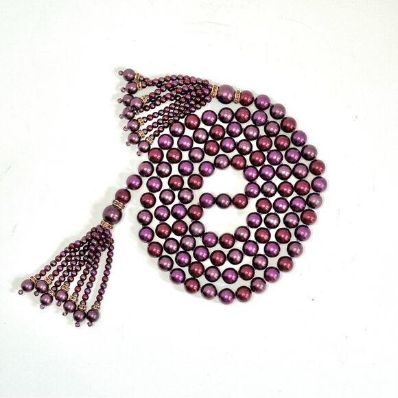 Vintage Joan Rivers Deep Purple Pearl Beaded Lariat With Rhinestones - Picture 3 of 4